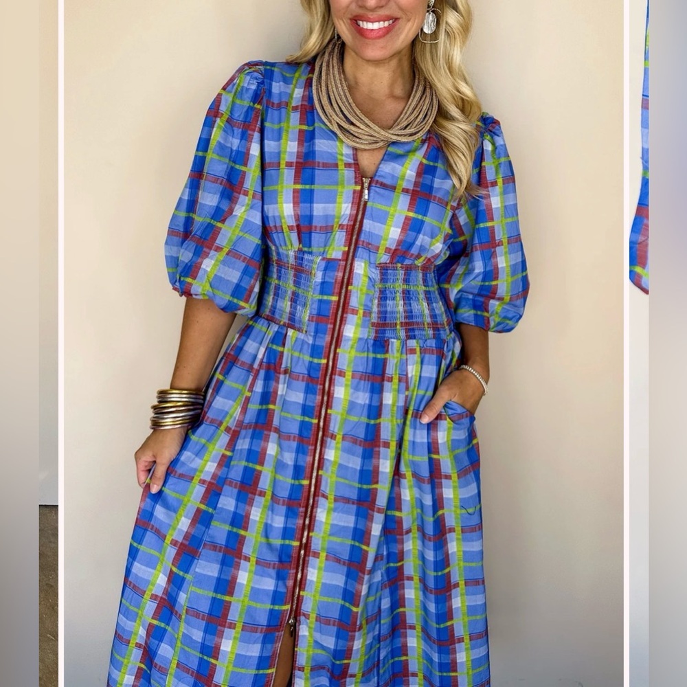 Fate Blue Checkered Plaid Midi Zip Dress NWOT